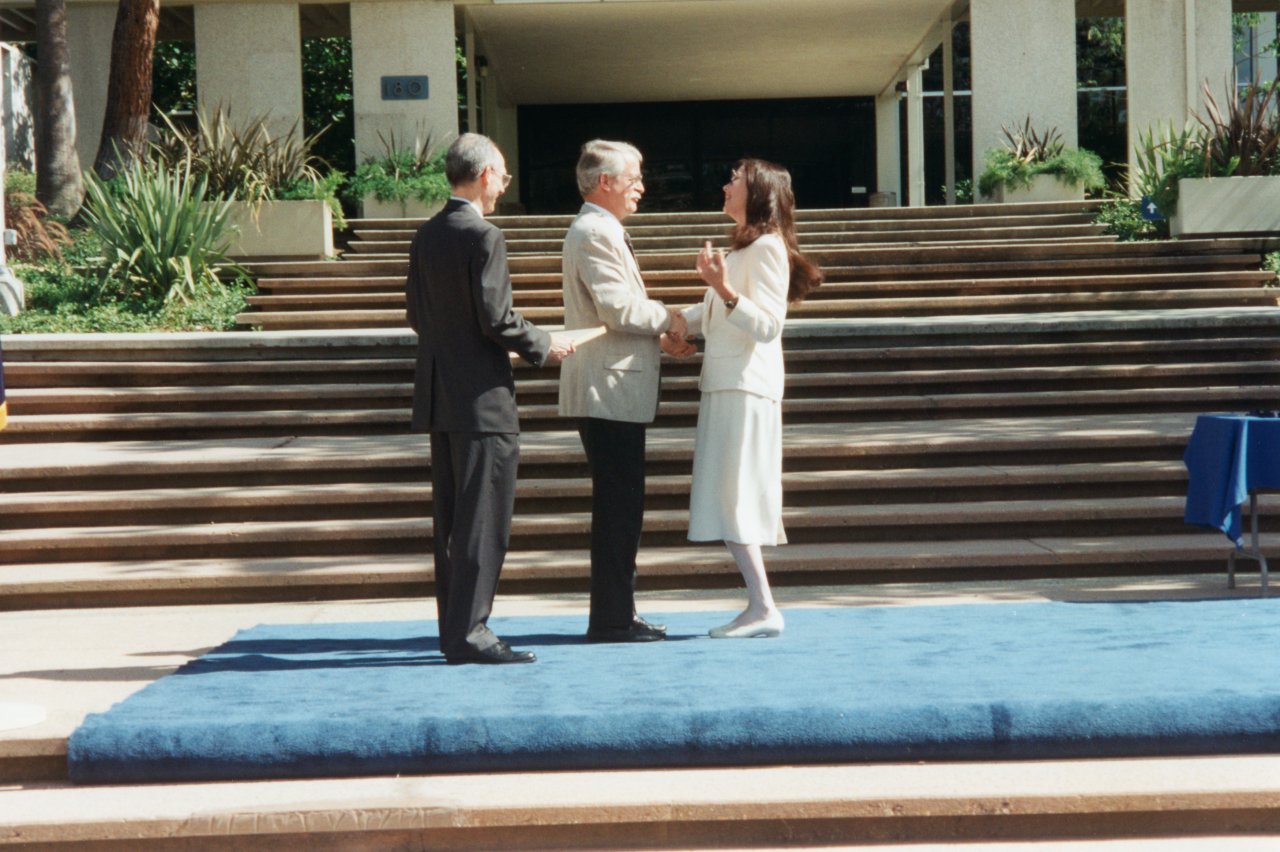 Merle receiving NASA award 1988 Wes Huntress and Ed Stone